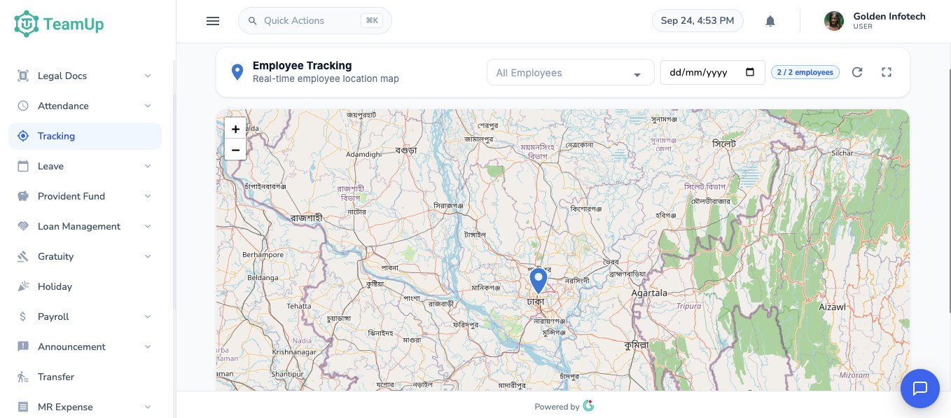 TeamUp employee tracking map showing field staff locations in Bangladesh